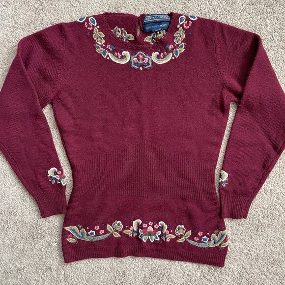 Vintage 90’s Herman Geist Wool Sweater Hand Embroidered Floral Women’s Small - Picture 2 of 9